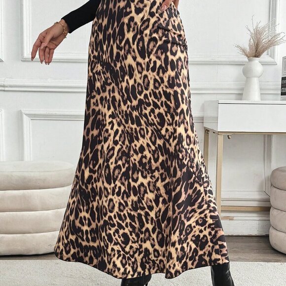 Multicolor Elegant Women's Casual High-Waisted Leopard Print Long Skirt - Picture 4 of 6